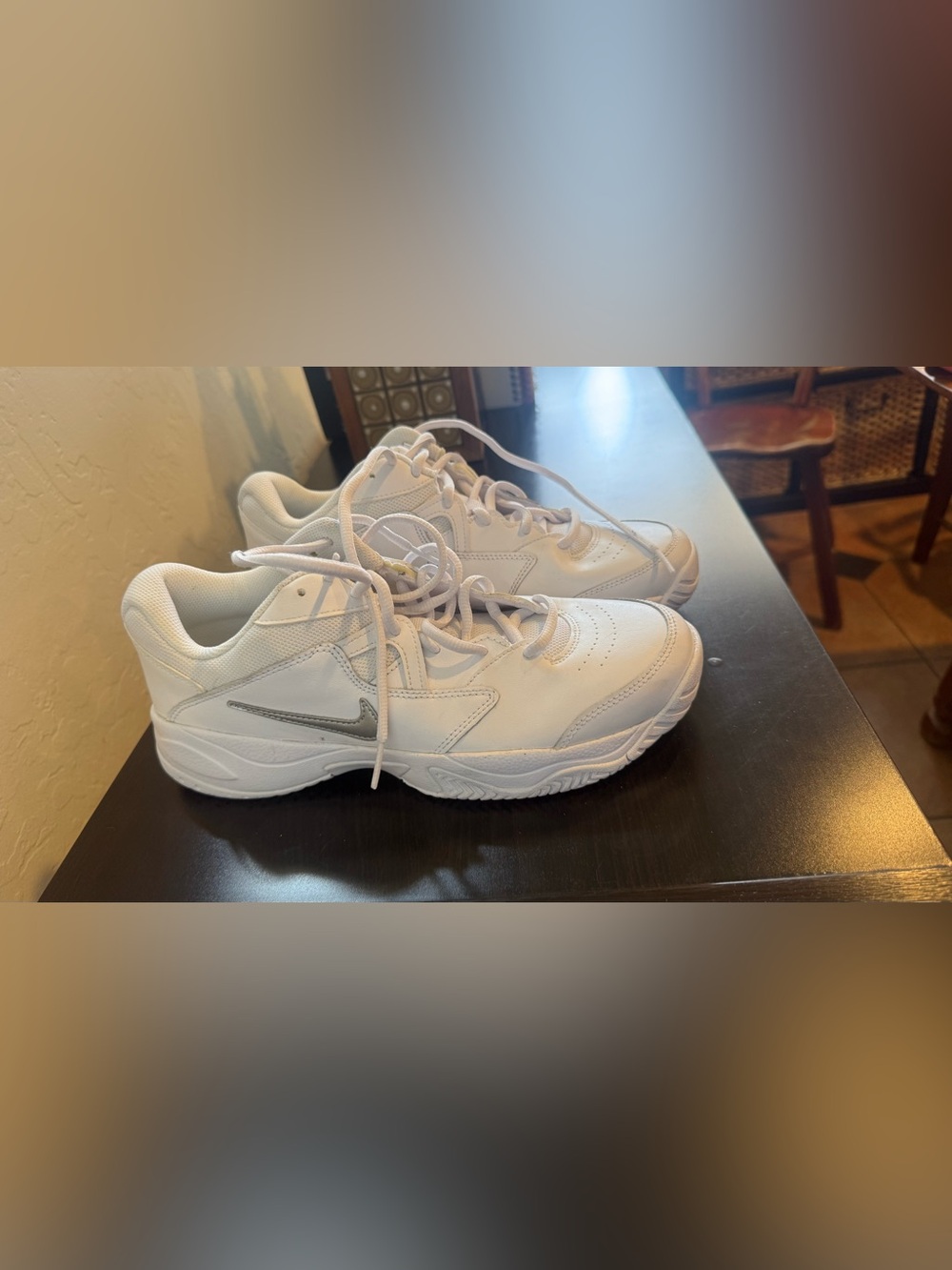 Nike White Leather Tennis Sneakers with Silver Swoosh